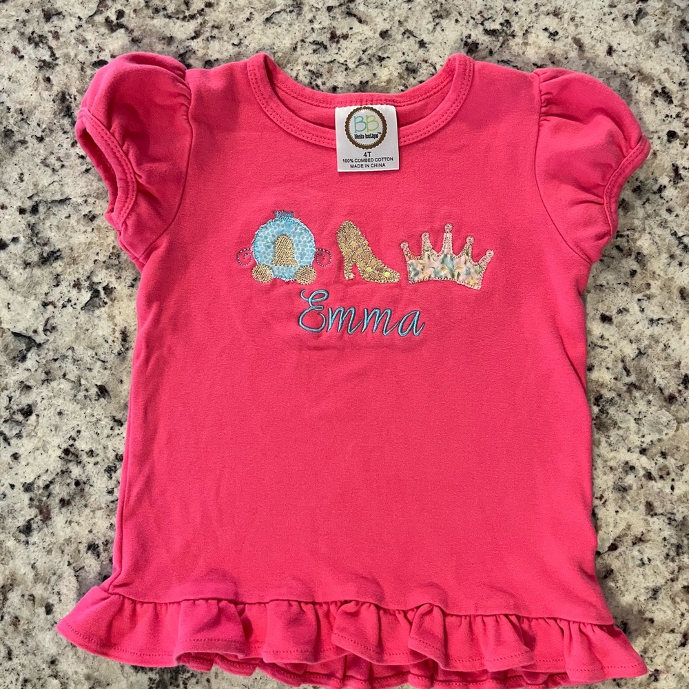 Emma Monogrammed Charming Pink Kids Tee with Embroidered Princess Design